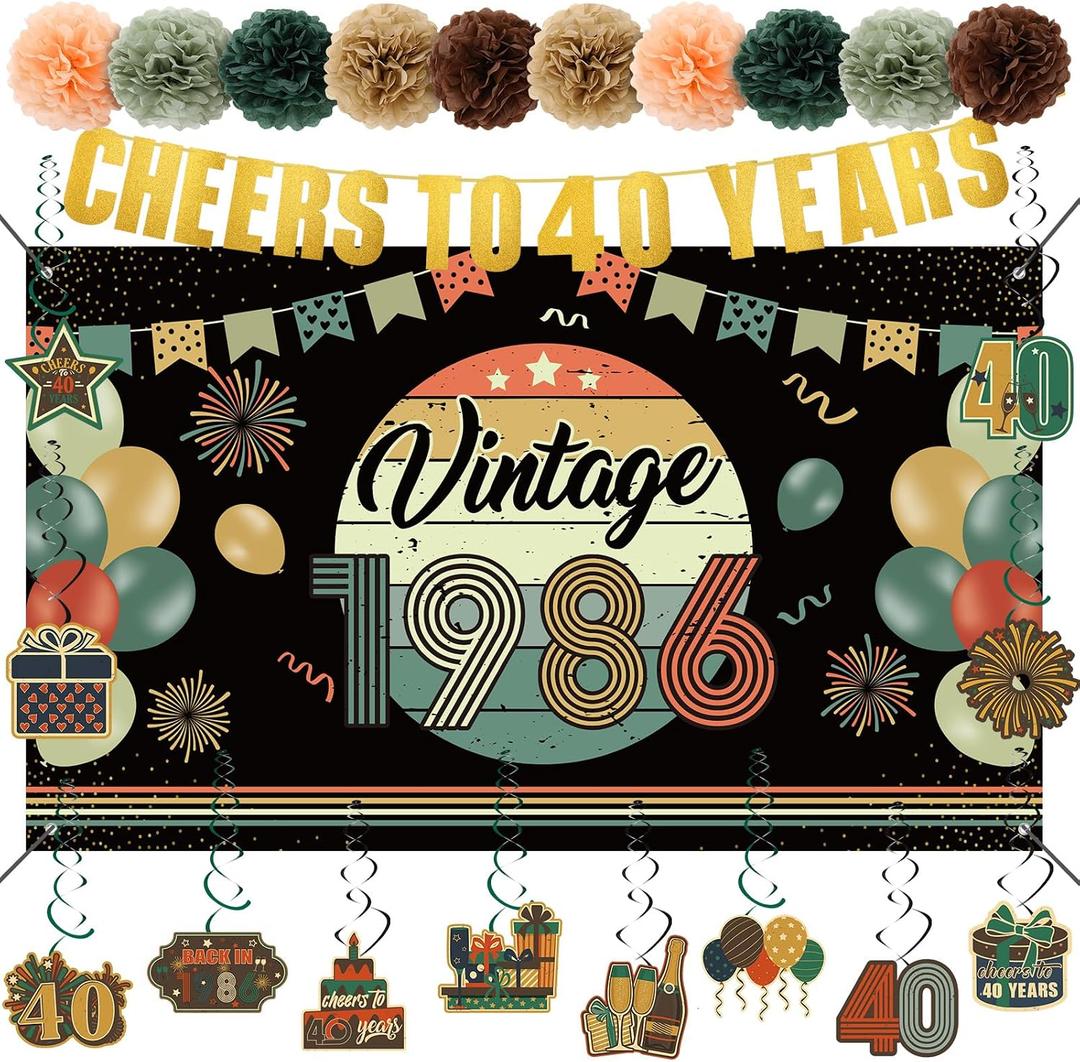 2 x RoundFunny Vintage 40th Birthday Decorations for Men Women 1986 Banner Decorations, Including Back in 1986 Backdrop, Cheers to 40 Years Banner, 12 Hanging Swirl, 10 Paper Poms