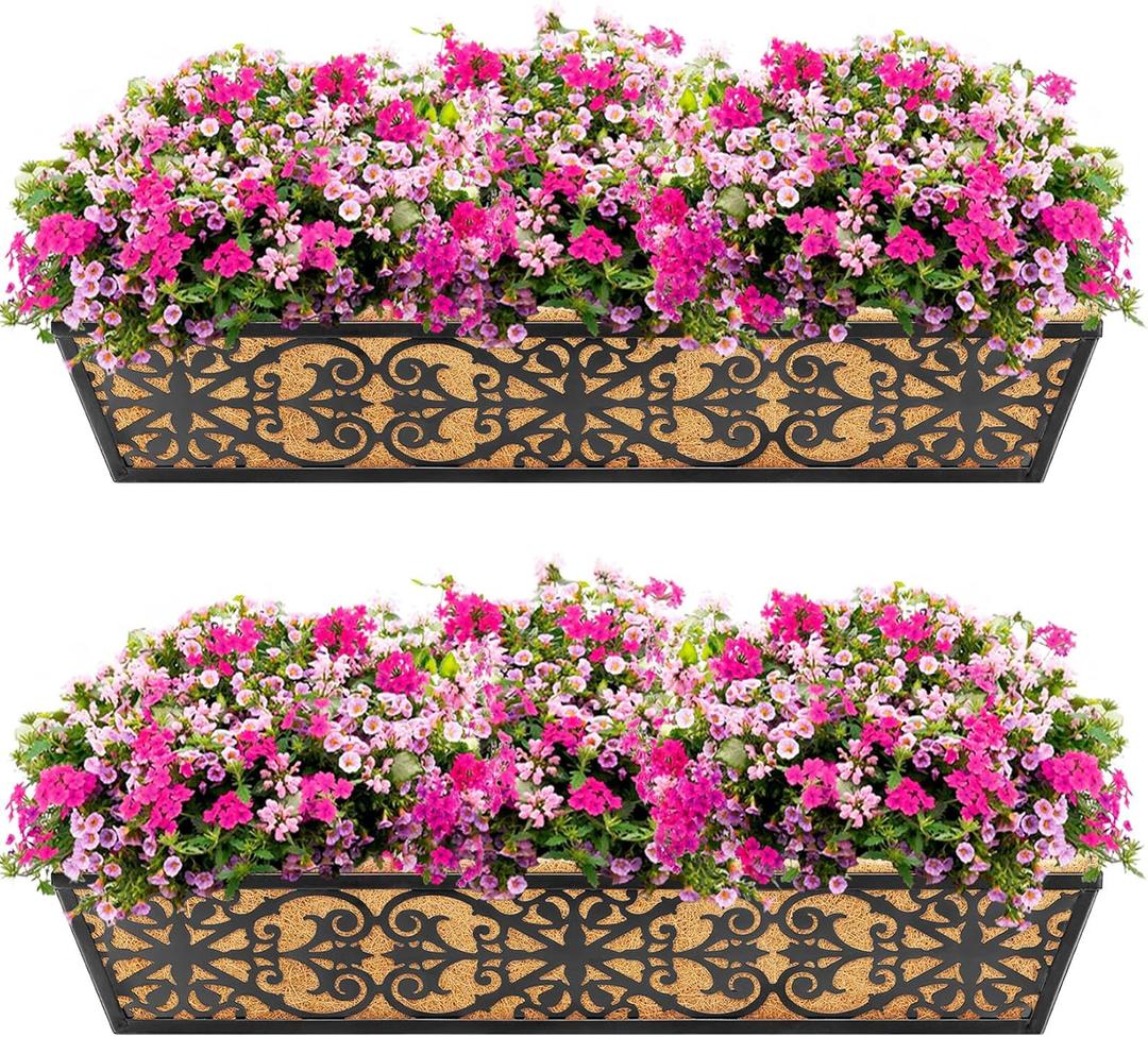 2 Pack 30 Inch Window Boxes Planters Railing Planter Box with Adjustable Brackets & Coco Liners Fabric Plant Grow Bags Deck Railing Planter Boxes Balcony Hanging Flower Box for Outdoor Plants