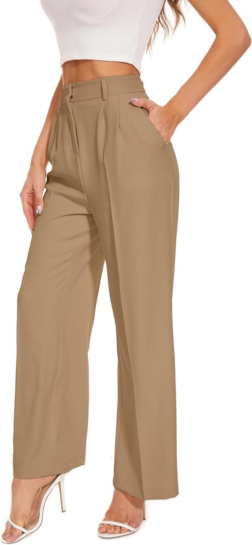 FUNYYZO Wide Leg Pants Women's High Elastic Waisted in The Back Business Work Trousers Long Straight Suit Pants (006# Khaki (Thin))