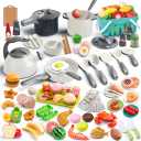 130Pcs Kitchen Playset, Toddler Pretend Cooking Play Pots, Pans, Utensils Cookware, Daily Food Fruit Veges, Shopping Storage Basket, Dessert, Prop Money, Learning Gift for Child