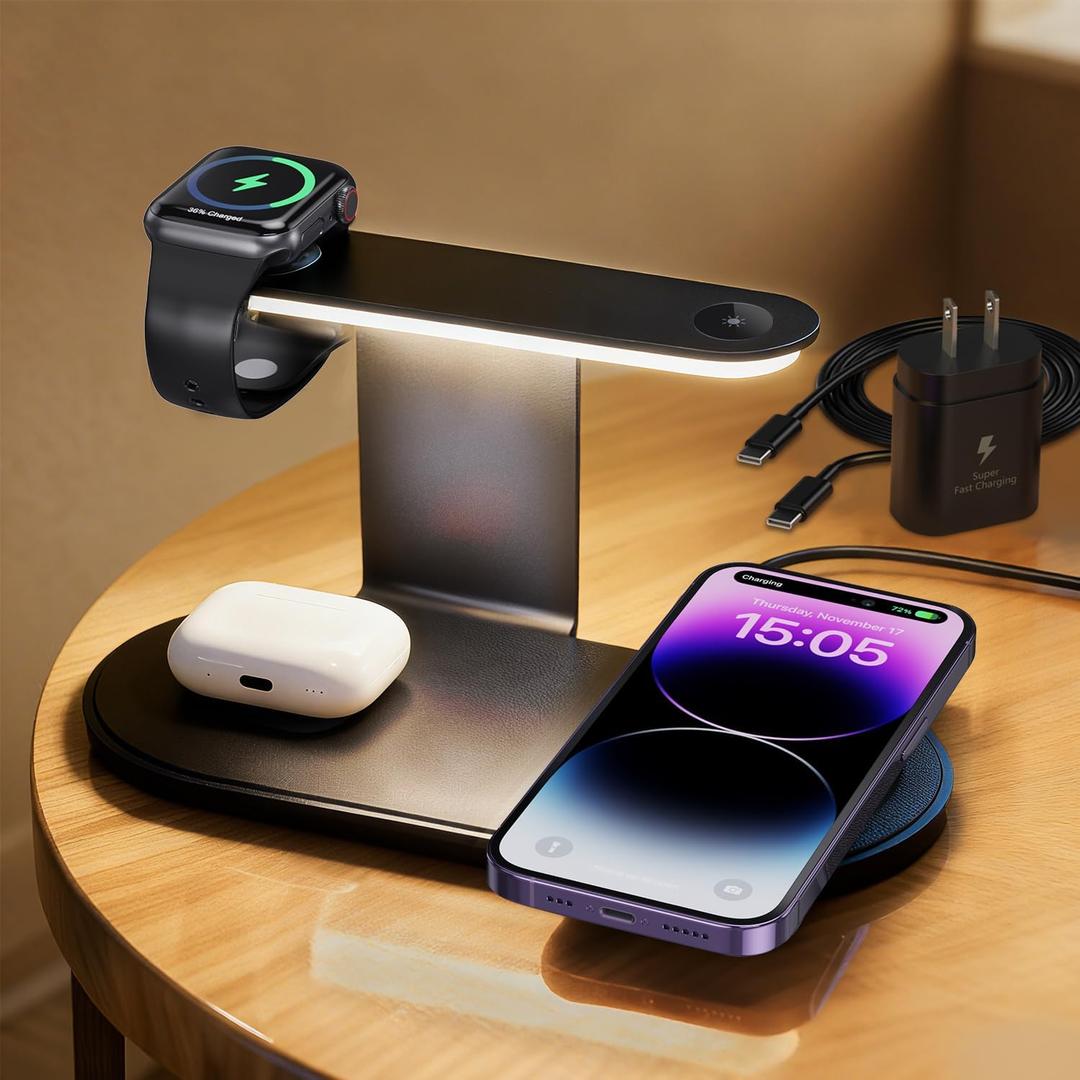 KeeKit Wireless Charger, 4 in 1 Wireless Charging Station with Dimmer Night Light, Fast Charging Dock for iPhone, iWatch, AirPods, Lamp Charging Station for Bedroom, Desk, Office