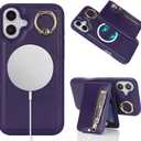 for iPhone 16 Plus Phone case with Card Holder with Compatible magsafe Magnetic, Key Chain PU Leather Flip Kickstand Detachable 2-in-1 Wallet case for Apple16Plus Women Men-Purple