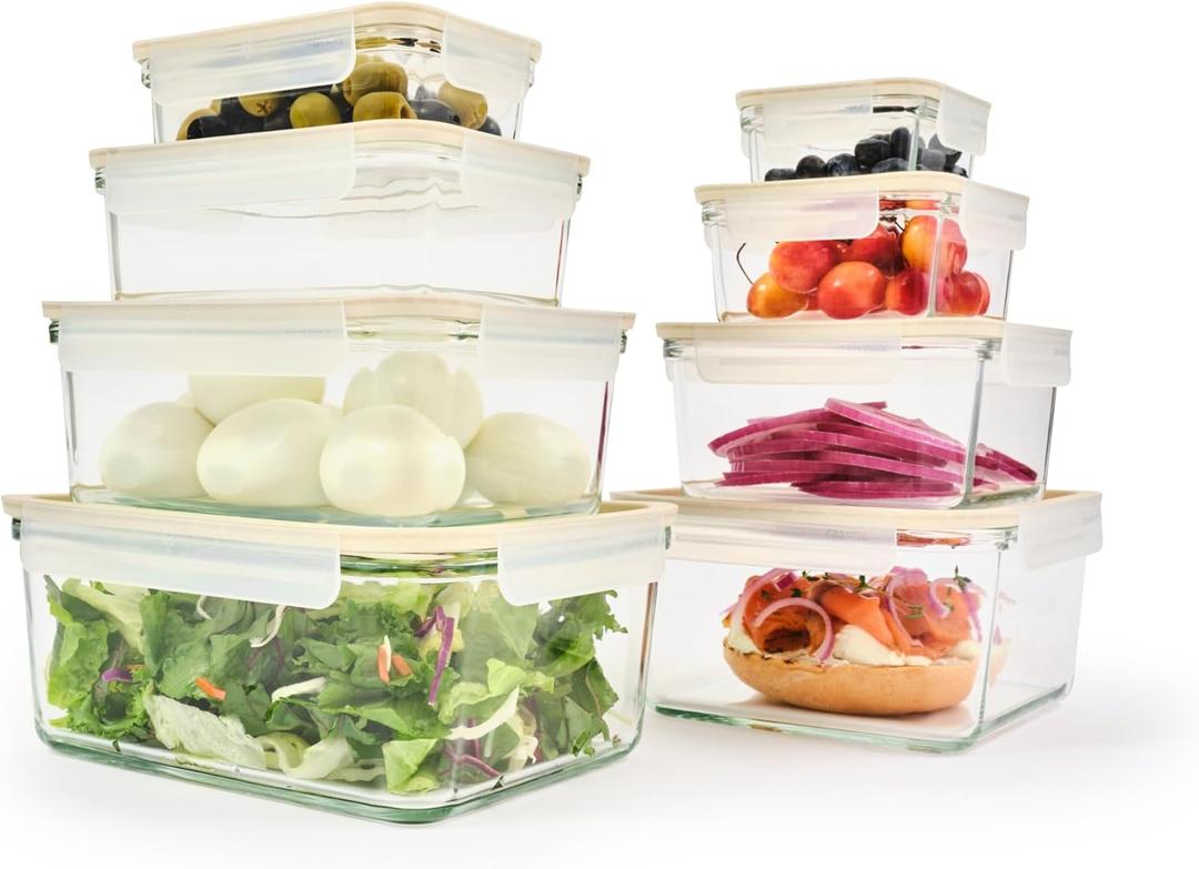 Glasslock Sens 16Pcs Glass Food Storage Set  Airtight & Leakproof, 8 Different Sizes, Anti Slip Lid, Microwave & Oven Safe, Perfect for Meal prep, Lunch Box, Nestable & Stackable, Pantry Storage