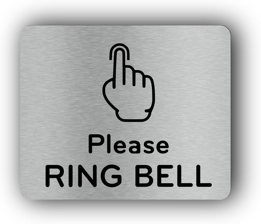 Please Ring Bell Sign Adhesive Sticker Notice, SILVER/GOLD/BLACK engraved with Universal Icon Symbol and Text (Size 11cm x 9cm). Waterproof and Durable.