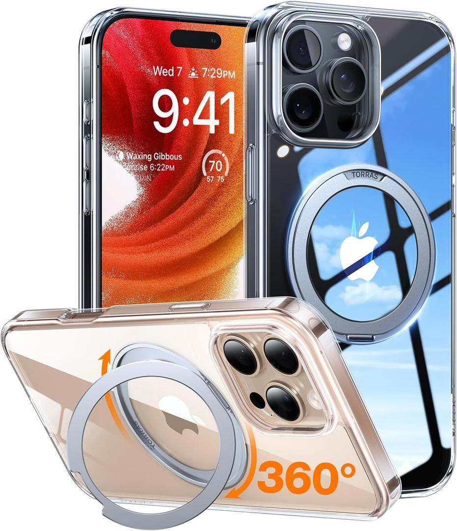 TORRAS Upgraded 360Rotatable Magnetic Ring for iPhone 16 Pro Max Case, Fit for MagSafe with Stand & Ring Holder, 16FT Mil- Grade Shockproof Translucent for iPhone 16 Pro Max Phone Case Ostand, Clear