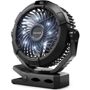 Gaiatop Portable Camping Fan with LED Lantern, 360Rotation and Clip on for Desk, 4000mAh USB Rechargeable Battery Powered, Digital Display and Hanging Hook for Tent Outdoor Travel Bedroom Black