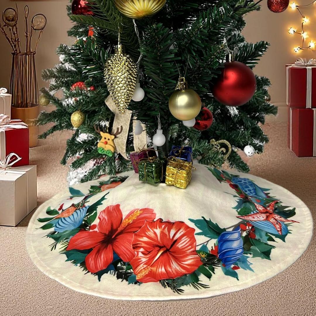 Hawaiian Christmas Tree Skirts  36 Inch Xmas Tree Mat with Tropical Wreath Design, Classic Holiday Decoration for Artificial & Real Trees, Festive Christmas Dcor