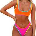 SherryDC Women's Sexy Scoop Neck Bikini Sets Color Block High Cut Thong Brazilian Two Pieces Swimsuit Bathing Suit (179-orange+rose Red), Small