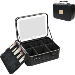 Prite Makeup Bag With LED Mirror 3 Light Modes Adjustable Brightness, Travel Cosmetic Train Case with Adjustable Dividers & Brush Holder, Portable Makeup Artist Organizer Bag for Women(Black)