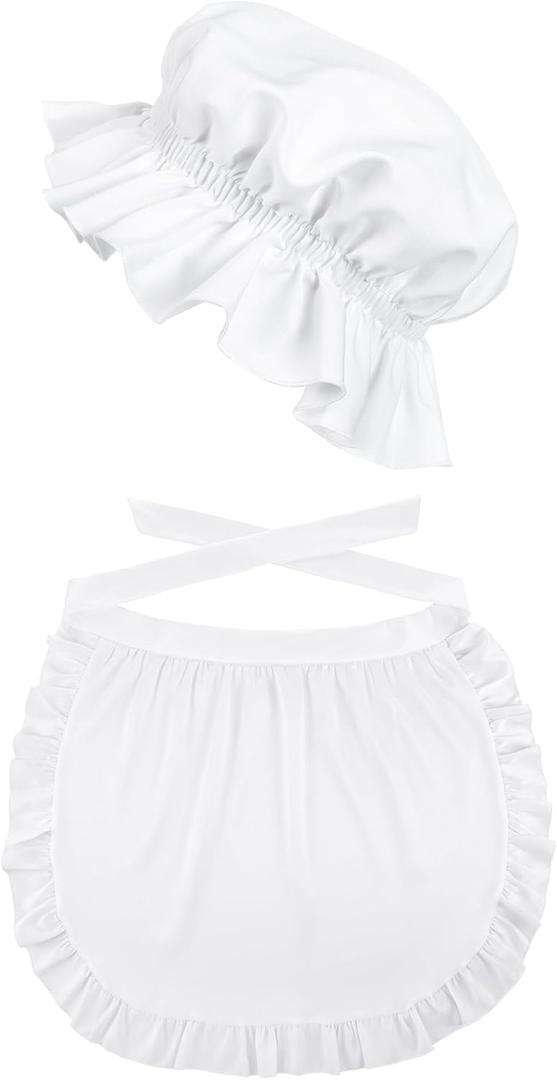 Newcotte 2 Pieces Women Colonial Costume Accessory Set Include White Mob Cap Bonnet Cotton Half Apron for Maid Girl Cosplay