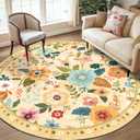 Floral Nursery 8ft Area Rugs Washable Print Boho Cute Carpet Non Slip Flower Low Pile for Living Room Kids Girls Playroom Bedroom Kitchen Office Farmhouse-Ivory/Yellow