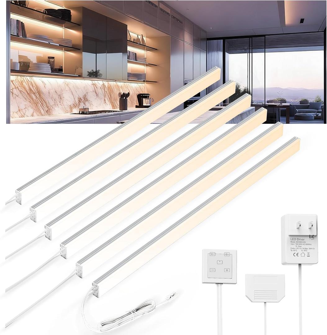 V4light 12'' Aluminum Under Cabinet LED Lights, 6-Pack Ultra-Slim Bars, Plug-in & Wired Touch Dimmer, Adjustable 2700K-6500K Color Temp, Seamless Linkable, Easy Install for Kitchen/Closet/Shelf