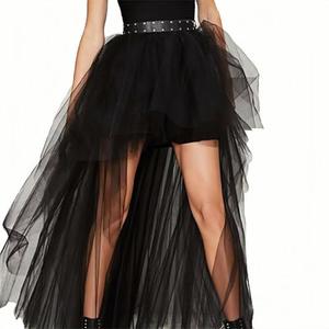 Womens Tulle Skirt Steampunk High Low Irregular Tutu Bustle Skirt Asymmetric Layered Mesh Elastic Waist Dovetail Skirts Black, L