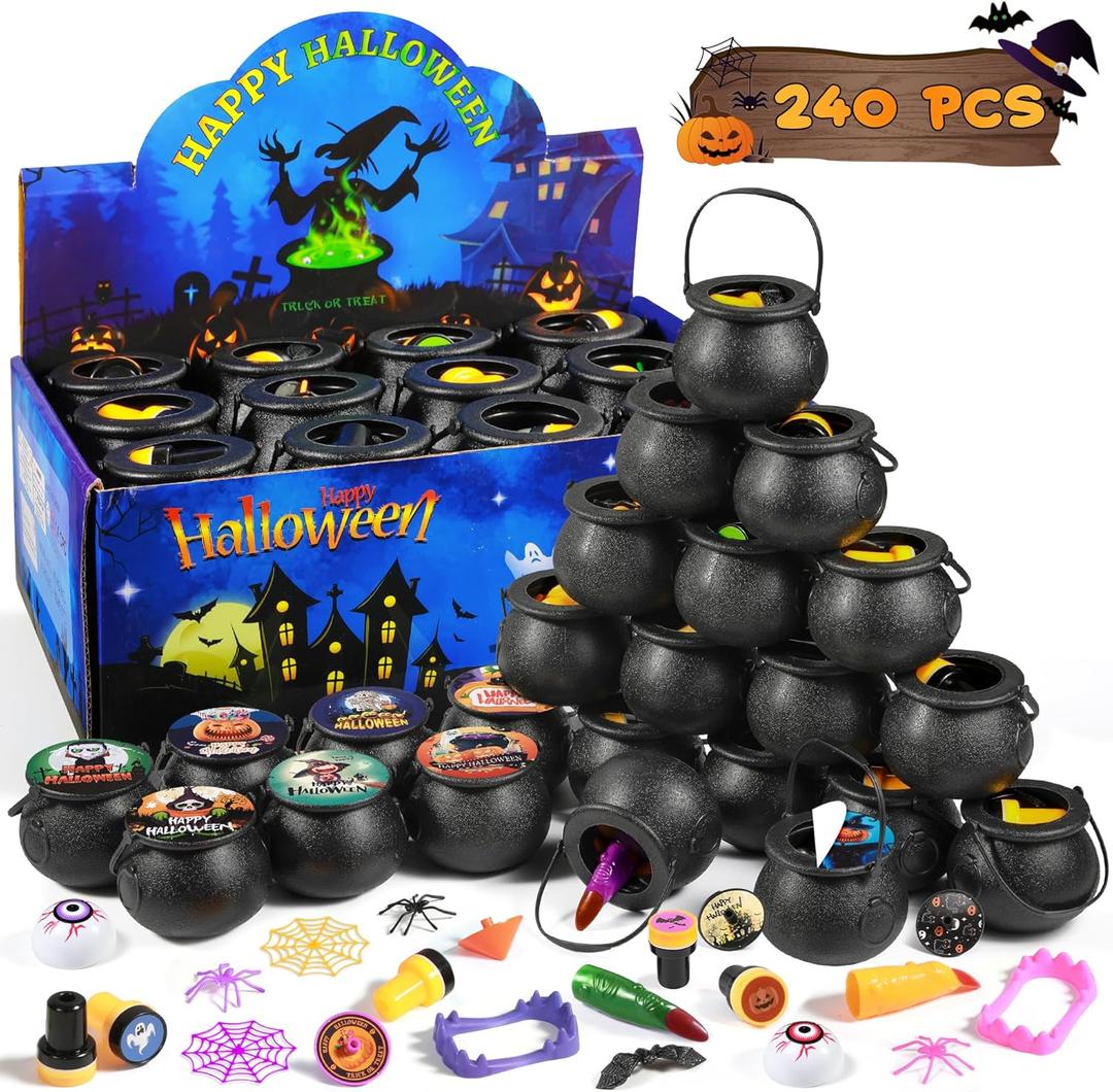 240 Pcs Halloween Party Favors for Kids, 24 Pack Mini Witch Cauldron Prefilled with Assorted Halloween Toys for Trick or Treat, Halloween Party Supplies, Halloween Goodie Bag Stuffers