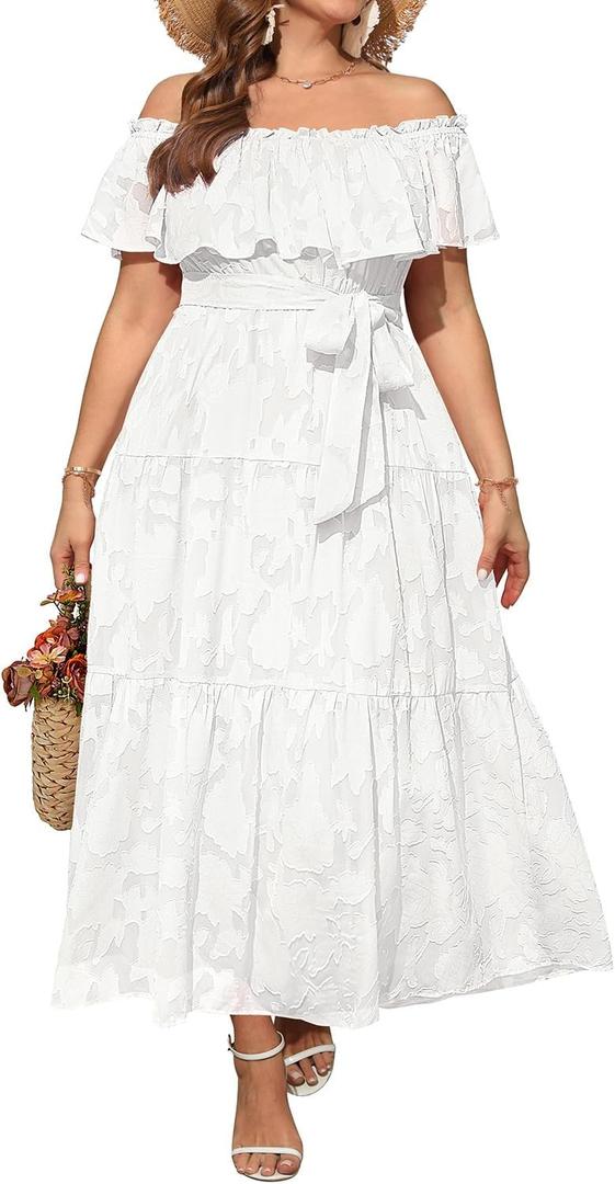 Plus Size Chiffon Off The Shoulder Maxi Long Floral Summer Casual Beach Boho Sundress Women 2024 (White) Plus Size Chiffon Off The Shoulder Maxi Long Floral Summer Casual Beach Boho Sundress Women 2024 (White)