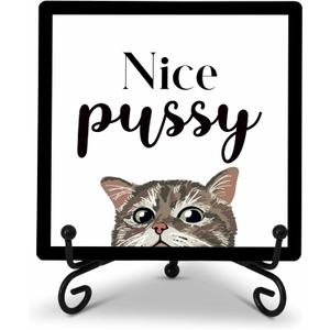 Bathroom Decor Wood Plaque, Nice Pussy Wood Block, Funny 5x5 Inch Shelf Decor Plaque, Home Farmhouse Bathroom Public Toilet Kids Bathroom Wood Sign, One Piece-A(11)