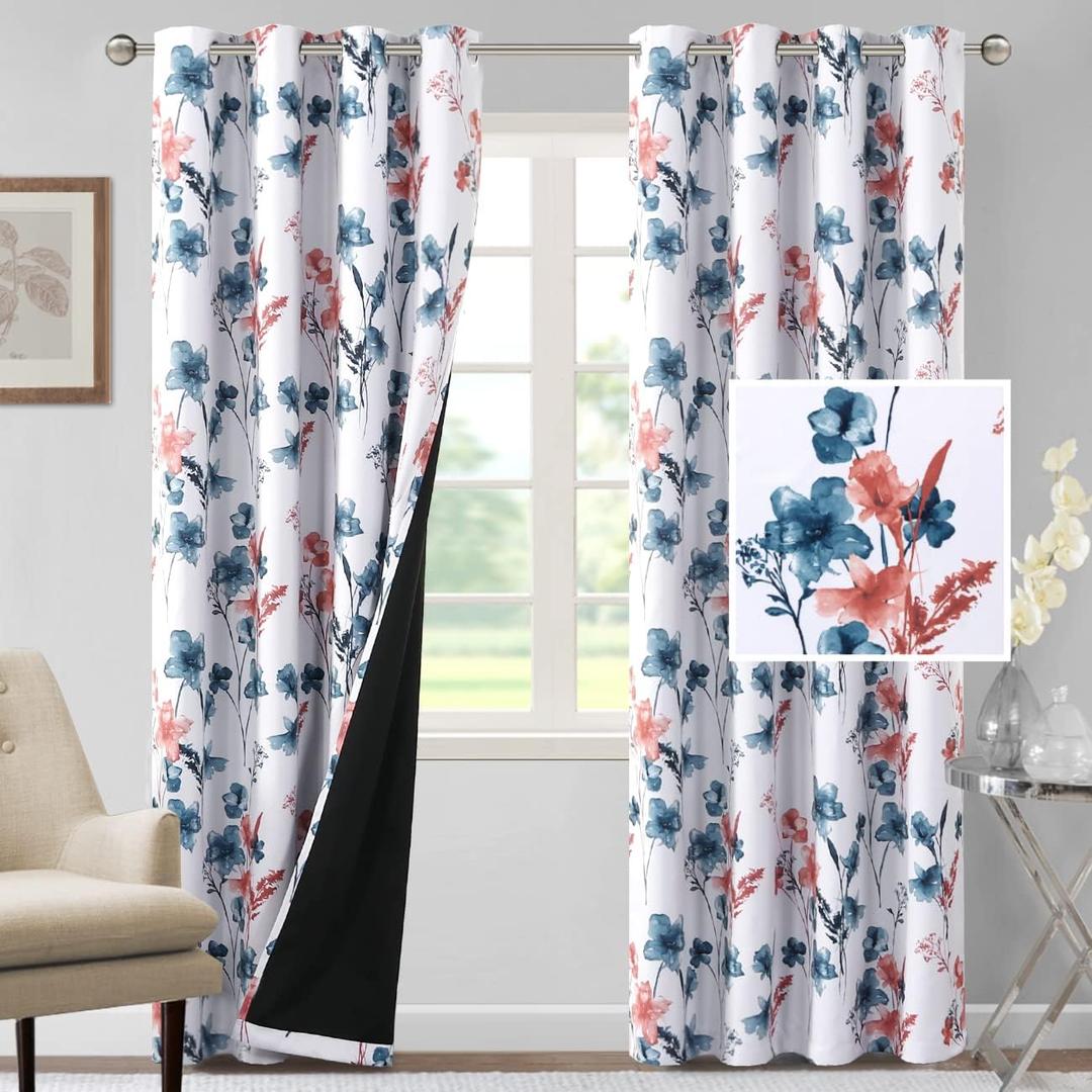 H.VERSAILTEX 100% Blackout Curtains 84 inch Length 2 Panels Set Cattleya Floral Printed Drapes Leah Floral Thermal Curtains for Bedroom with Black Liner Sound Proof Curtains, Stone Blue and Coral