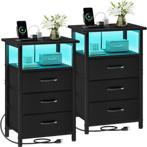Vagusicc Night Stand Set 2 with Charging Station, LED Nightstand for Bedroom, Bedside Table with 3 Fabric Drawers, End Table Side Table with USB Ports & Outlets, Bed Side Table for Bedroom, Black