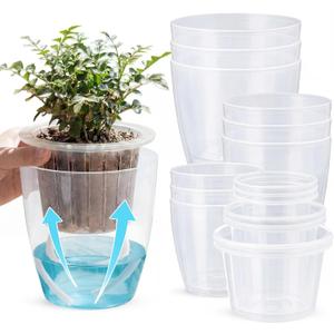 9 Pcs 3 Each of 5'', 6.5'', 7'' Clear Self Watering Plant Pots, Transparent African Violet Pots with Drainage Holes Plastic Wick Flower Planters for Indoor Flowers, Spider Plant, Orchid Pot