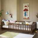 Twin Size Floor Bed with Fence and Without Door,Rubber Wood Floor Bed w/Safety Guardrails/Near The Ground,Easy to Assemble & No Box Spring Needed, Espresso