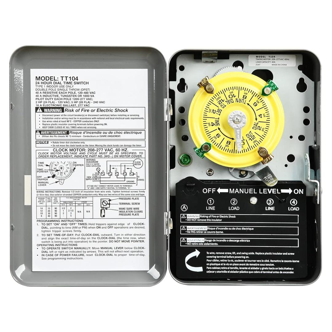 T104 Mechanical Timer Switch,208-277V AC DPST 40A,Pool Pump Switch,Heavy Duty Pool Timers Outdoor,Timer for Lights HVAC Systems,24 Hour 12 ON/Off for Pump