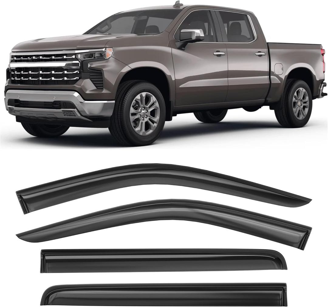 Shatterproof Tape-On Window Deflectors for 2019-2025 Chevrolet (Chevy) Silverado GMC Sierra 1500 2500HD 3500HD Crew Cab, Rain Guards, Window Visors for Cars, Vent Deflector, 4pcs