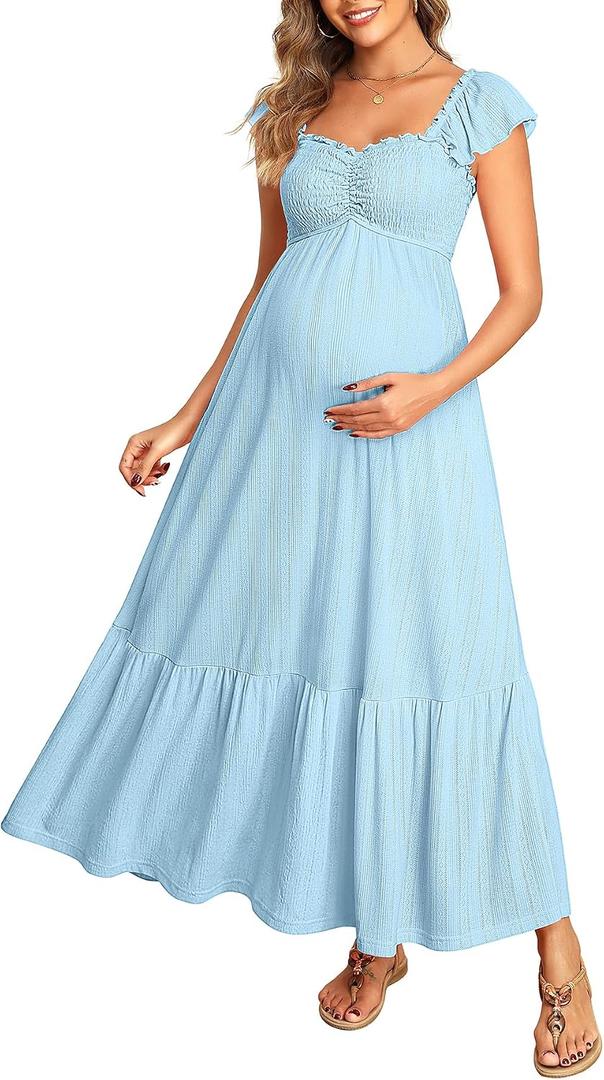 Pinup Fashion Maternity Photoshoot Dress - Baby Shower Pregnancy Summer Casual Textured Smocked Maxi Dresses (Blue) L