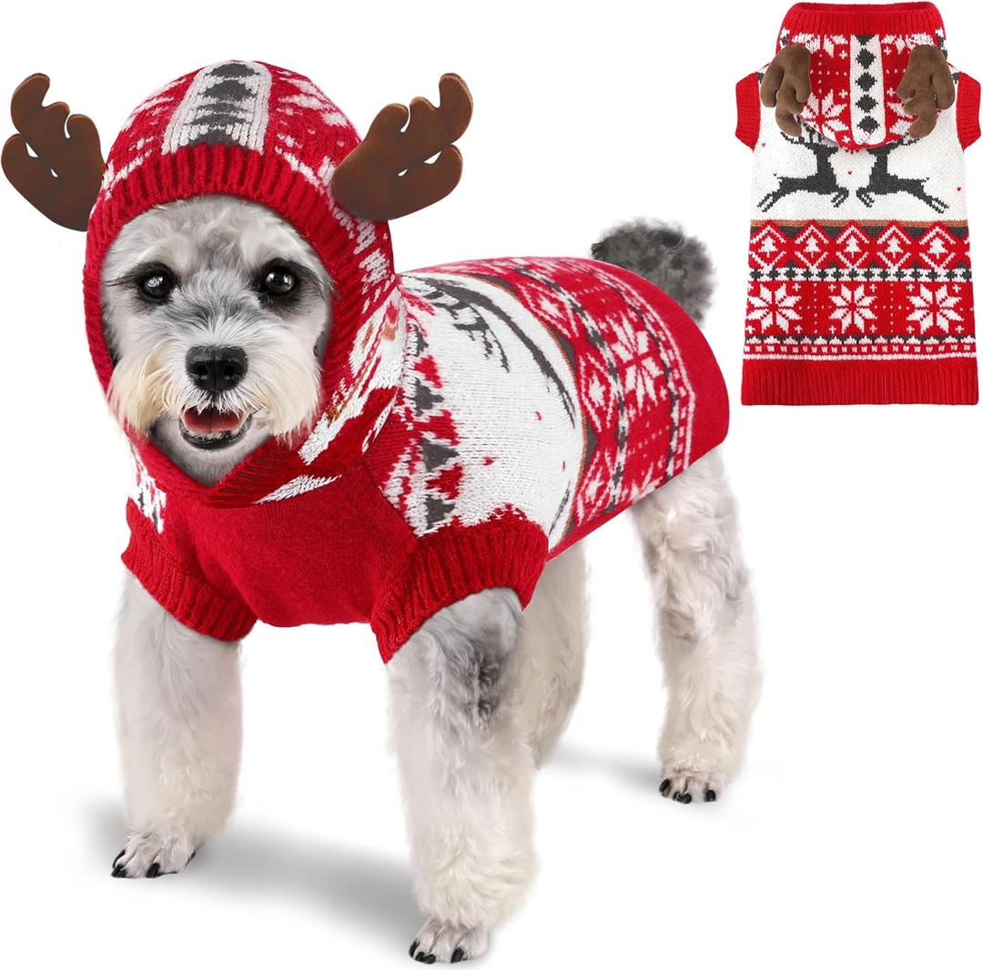 Dog Christmas Sweater Classic Red Pattern Dog Christmas Outfit with Reindeer Antler Hood Soft Warm Knitted Pet Clothes for Dogs Cats (XS (Back: 9.4",Chest: 11", Neck: 9.4"))
