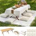 Novabright 10 Pcs Boho Picnic Kit Folding Picnic Table 59'' x 20.5'' Extra Large Outdoor Boho Blanket 91'' x 71'' Beige White Table Runner Pillow Cover Woven Cotton Oversize Washable for Camp Wedding