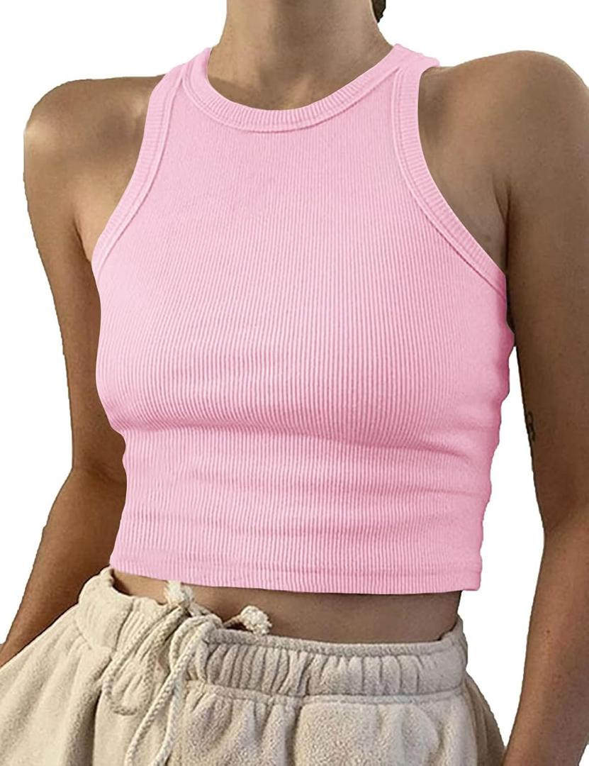 Artfish Women Casual Basic Sleeveless High Neck Rib-Knit Y2k Crop Tank Top (Medium, 01#pink)