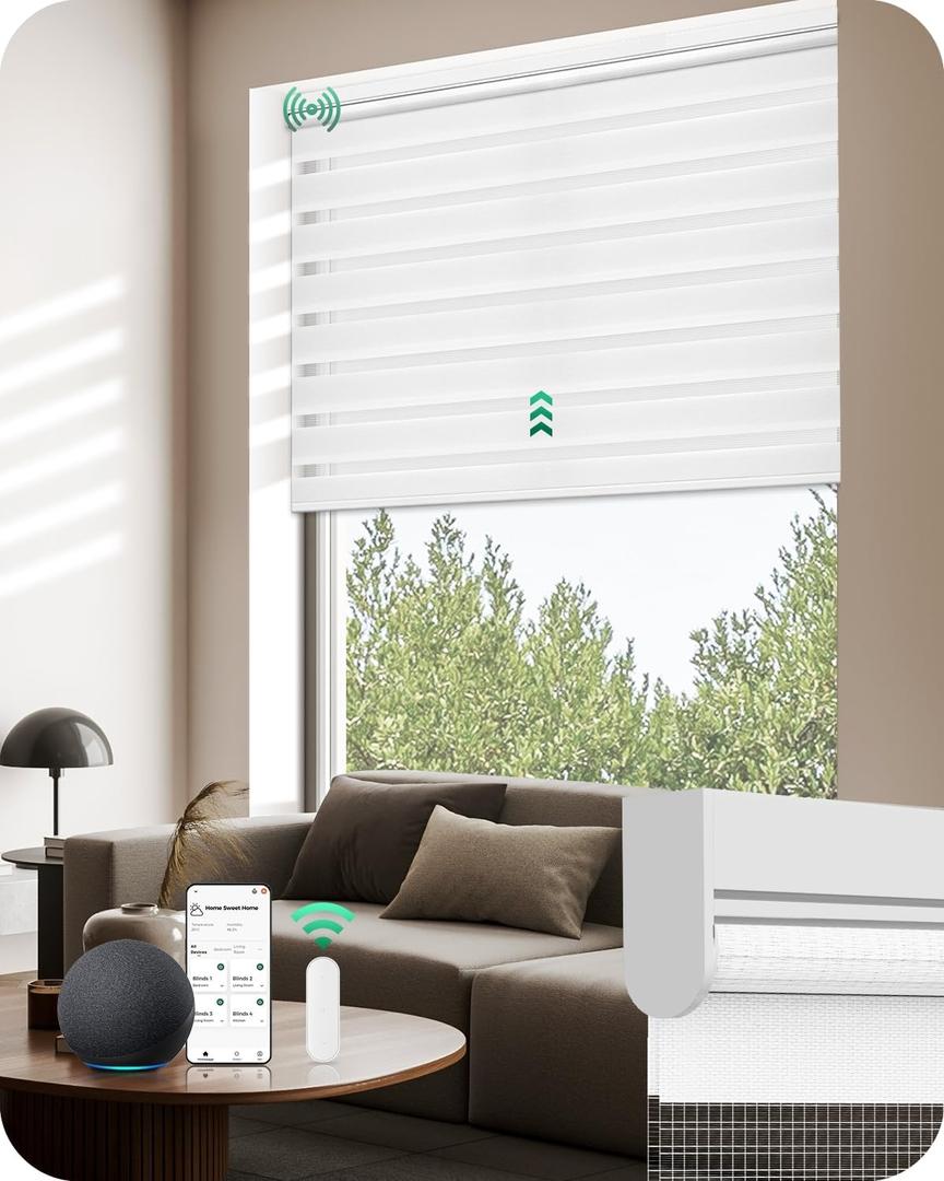 Allesin Motorized Zebra Blinds with Remote, Electric Dual-Layer Shades with Dry Battery-Powered, Smart Window Blind with Privacy Light Control (White 34" W x 72" H)