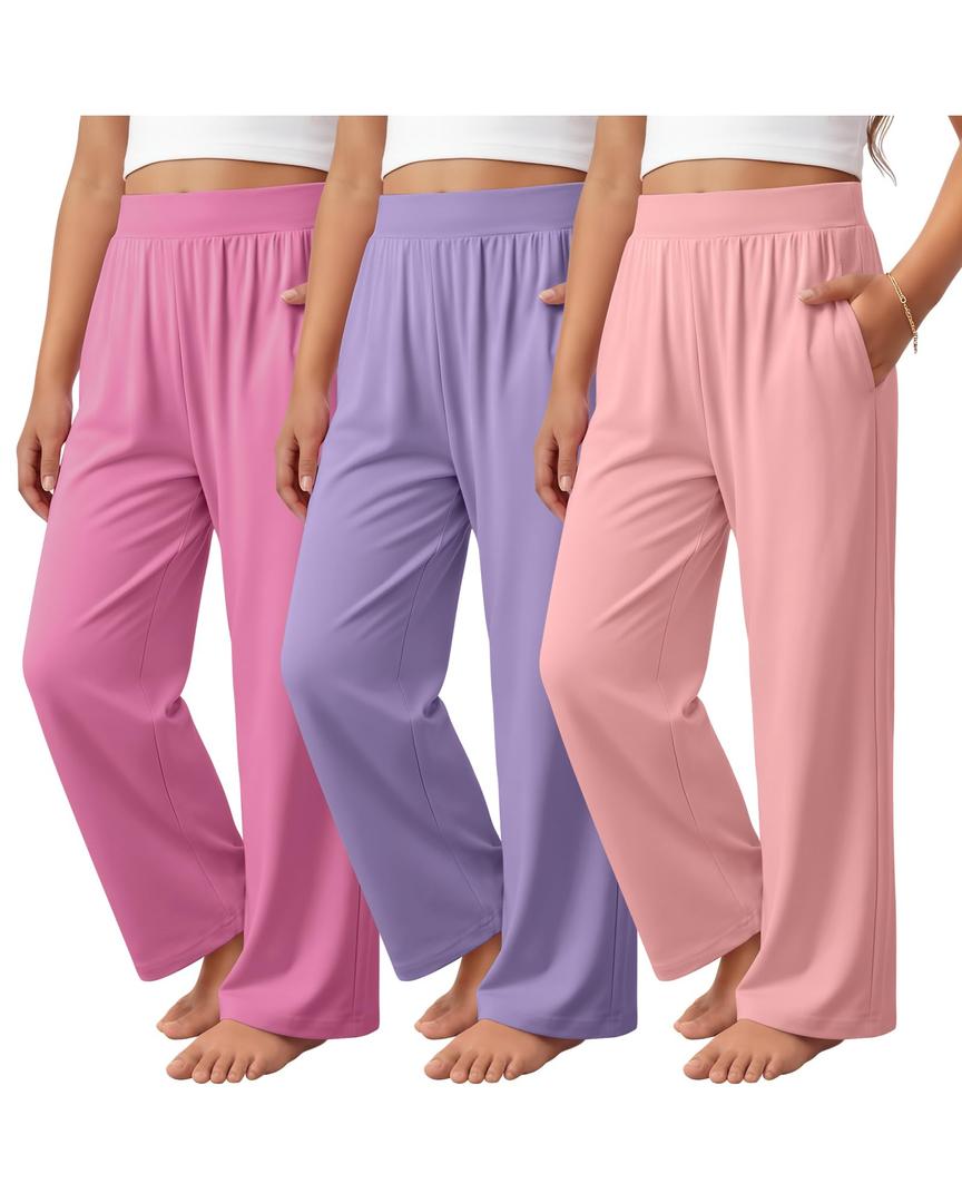 LessonZoo 3 Pack Girls' Pants with Pockets Wide Leg High Waist Teen Casual Sweatpants Kids Baggy Summer Joggers(Pink, Purple, Light Pink,5-6 Years)