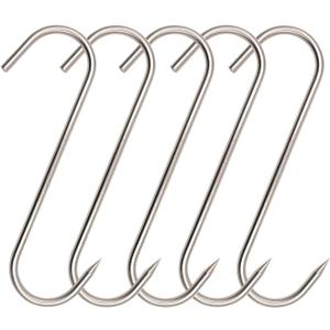 Meat Hooks(8 Inch 5mm), 304 Stainless Steel Heavy Duty Butcher Hook, Meat Hanger Hooks for Smoking,Grilling,Beef, Rib, Barbecue,BBQ (5-Pack MAX Load 150 Pound)