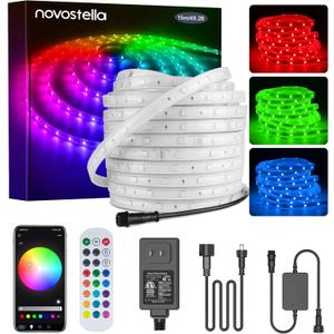 Novostella 98.4ft (49.2x2) Smart LED Outdoor Rope Light, Music Sync RGB Strip Lights, App Control and RF Remote Color Changing Dimmable Tape Exterior Lighting Kit, for Garden Stairs Party, 24V IP65