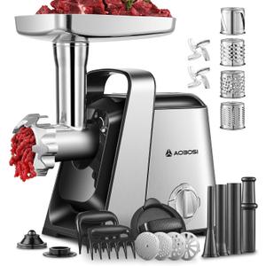 AAOBOSI #8 Meat Grinder, 6-In-1 Meat Grinder Electric [3000W Max] with 4 Slice, Shred Blades,2 Grinding Blades,4 Plates, 3 Sausage Stuffer,Kubbe Kit, Burger Press, 2 Meat Claws, for Home Kitchen Use