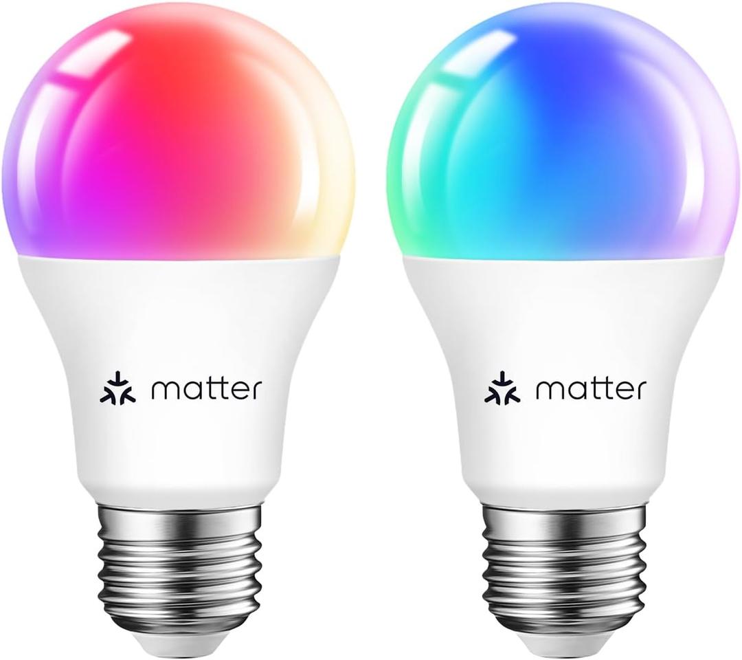 ANWIO Matter Smart Light Bulbs 8.5W (60W Replacement) A19 E26 LED Bulb Compatible with SmartThings App, Alexa, Google Assistant, Color Changing Light Bulb, 806lm,2.4Ghz only,Hub Required（2-Pack）