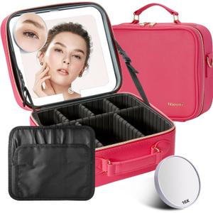 Mocado Travel Makeup Bag with LED Lighted Mirror,Travel Makeup Organizer,Makeup Case with 3 Color Lighted Setting and 10x Magnifying Mirror,Portable Storage and Adjustable Dividers Makeup Box