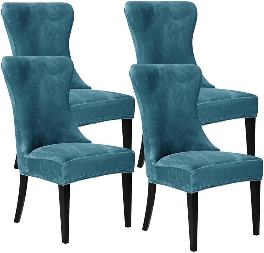 Wingback Chair Covers, Velvet Stretch Tufted Wingback Chair Cover Slipcover, Reusable Protector Arm Dining Chairfor Dining Room Banquet Home Decor, Machine Washable (Blue, Set of 4)