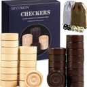 Classic Wooden Checkers Stackable Pieces, Backgammon Pieces, Set of 30 Checkers Pieces, 5 Dice, 2 Drawstring Storage Bags, Checkers (1.2 W X 0.4 H) Inches, Brown+Wood