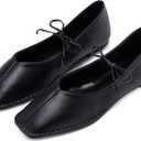 Lace Up Square Toe Ballet Flats for Women Cute Bow Slip On Mary Jane Flats Casual Ballerina Shoes (7, Black)
