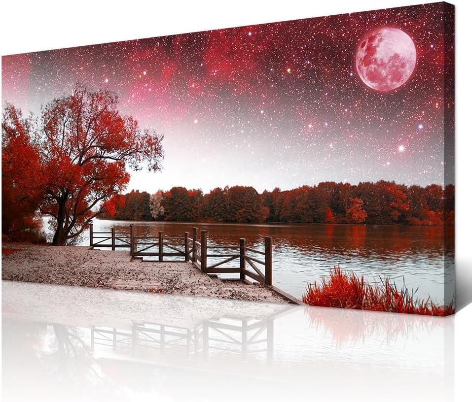 Wapluam Framed Canvas Wall Art For Living Room Wall Decor Artwork For Bedroom Office Decor Red Tree Landscape Wall Paintings Starry Sky Moon Wall Pictures Aesthetic Room Home Decoration 20" X 40"