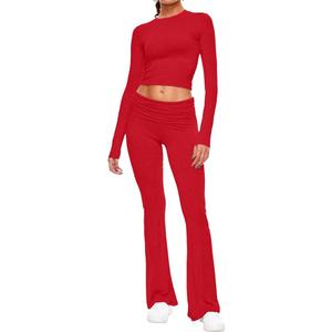 AnotherChill Women's 2 Piece Lounge Sets Fold-over Flare Pants Set Long Sleeve Cropped Top Casual Outfits Pajamas Size L