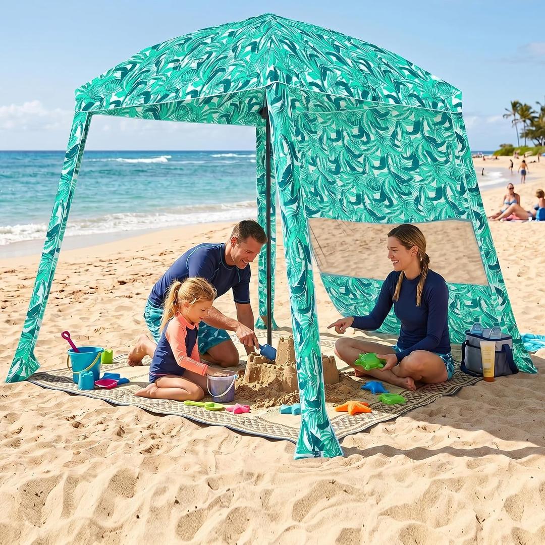 HOMEDEMO 6'6' Beach Cabana, Beach Canopy Tent Easy Set up and Take Down with Sand Pockets, Big Sandy Anchor, Elongated Side Wall for Sand, Green Leaves, 6x6 feet