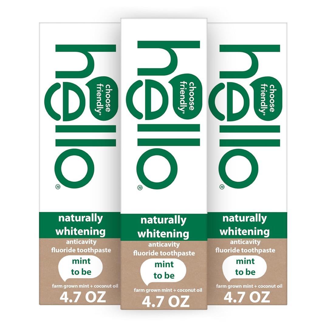 Hello Naturally Whitening Fluoride Toothpaste, Natural Whitening Toothpaste with Coconut Oil and Tea Tree Oil, Tames Bad Breath, Helps Moisturize, and Fights Cavities, Mint, 3 Pack, 4.7 Oz Tubes