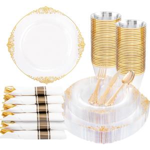 Nervure 175PCS Clear Gold Plastic Plates - Disposable Gold Party Plates & Pre Rolled Napkins with Cutlery for 25 Guests, 50Plates, 75Silverware, 25Cups, 25Napkin for Wedding & Party