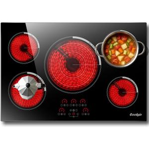 30 Inch Electric Cooktop 9000W High Power, 240V Hard Wired | 30 Inches 5 Burners Ceramic Stove with Large Tripple Ring, Timer, Safety Lock, Cut-out Size: 29.13" x 19.29", Built-in