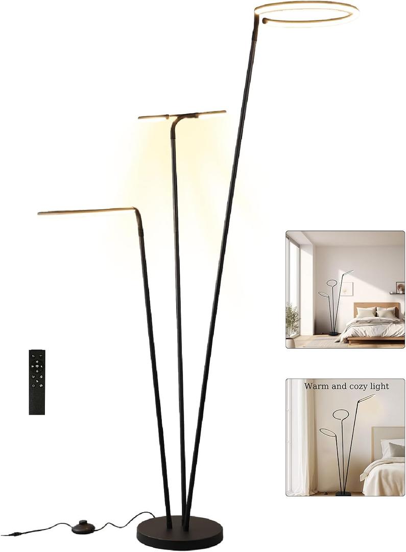 Floor Lamps for Living Room, 3-Head Ring LED Floor Lamp, Tri-Color Stepless Dimming with Remote Control Switch and Inline Footswitch, Modern Minimalist Style for Living Room Bedroom (Black)