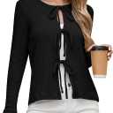 Tie Front Cardigan for Women 2025 Lightweight Cropped Ribbed Knit Shrug Fall Open Front Bow Cardigan Tops (Medium, Black)