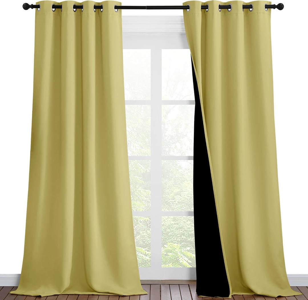 NICETOWN Paler Yellow Full Shade Curtain Panels, Pair of Thermal Insulated & Energy Efficiency Blackout Drapes for Living Room Windows, Lined Silky Performance Window Dressing (46" Wide x 90" Long)