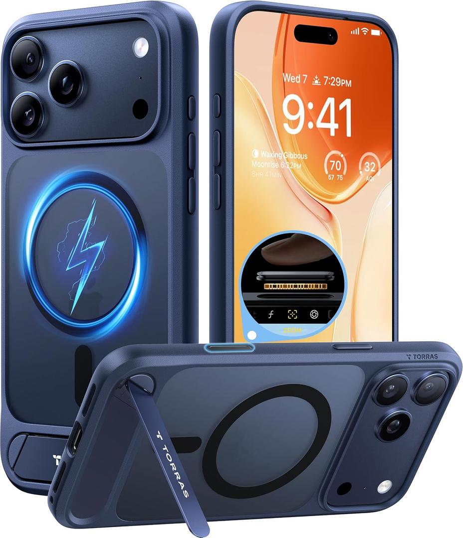 TORRAS Strong Magnetic & Seamless Stand for iPhone 17 Pro Max Case, Fit for MagSafe, Military Grade Drop Protection, Invisible Adjustable Kickstand, Camera Control Button, Translucent Matte Deep Blue
